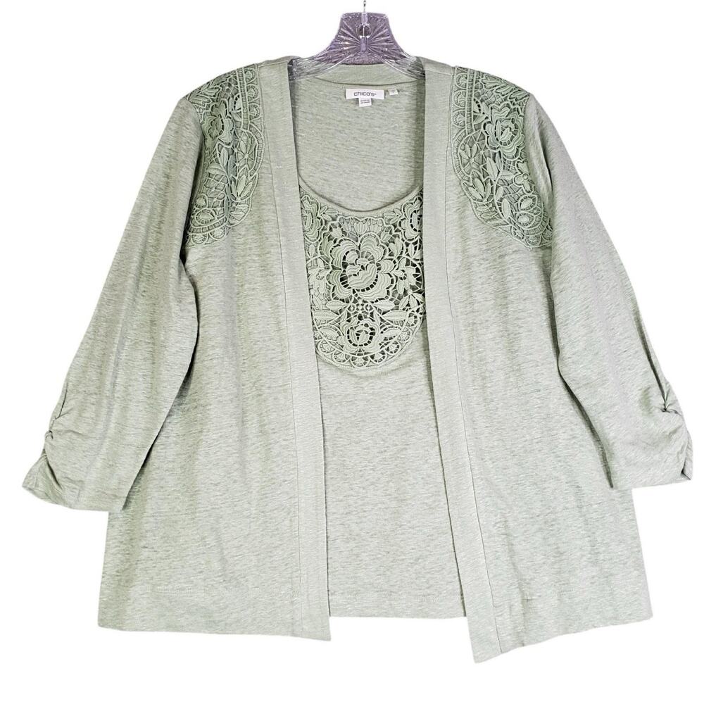Chicos Cardigan Top Lace Linen Open Sweater Women’s Size 2 US Large L Green - Picture 2 of 10